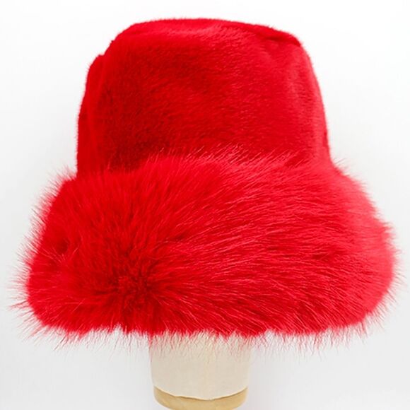 Red Winter Fluffy Russian Fur Bucket Hat Trendy Fashion Accessory - Picture 2 of 2